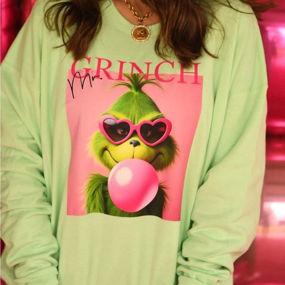 Mr Grinch Pink Bubblegum Bubble on Mint Green Crew Neck Long Sleeve Sweatshirt